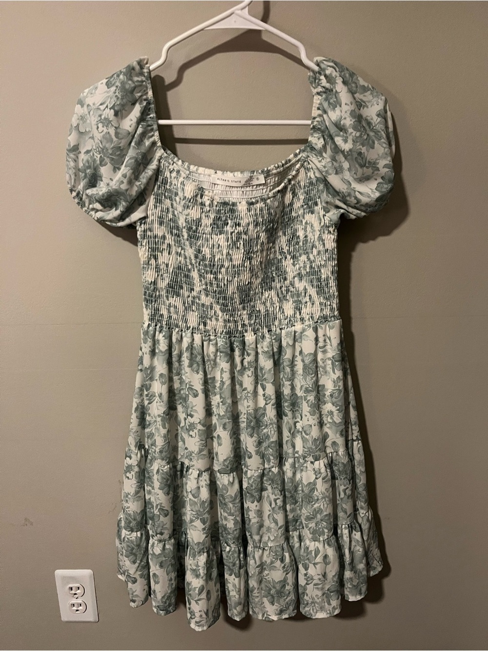 Altar'd State Girls' Floral Puff-Sleeve Dress in Sage Green and White